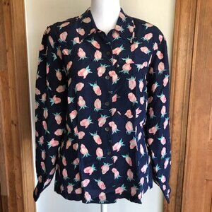 DIOR Silk Navy Pink Rose Long Sleeve Blouse 6 Vintage